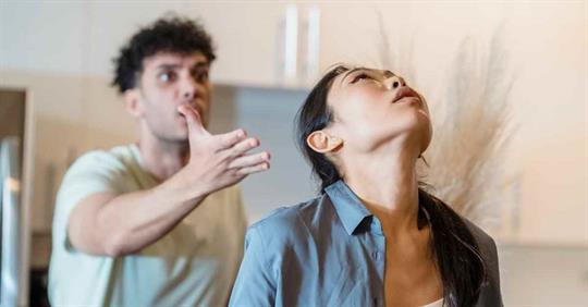 A man arguing with his wife. The wife is rolling her head back and her eyes