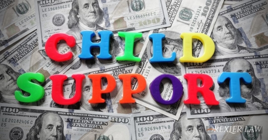 one-hundred dollar bills in the background of children's magnets that spell out "child support"
